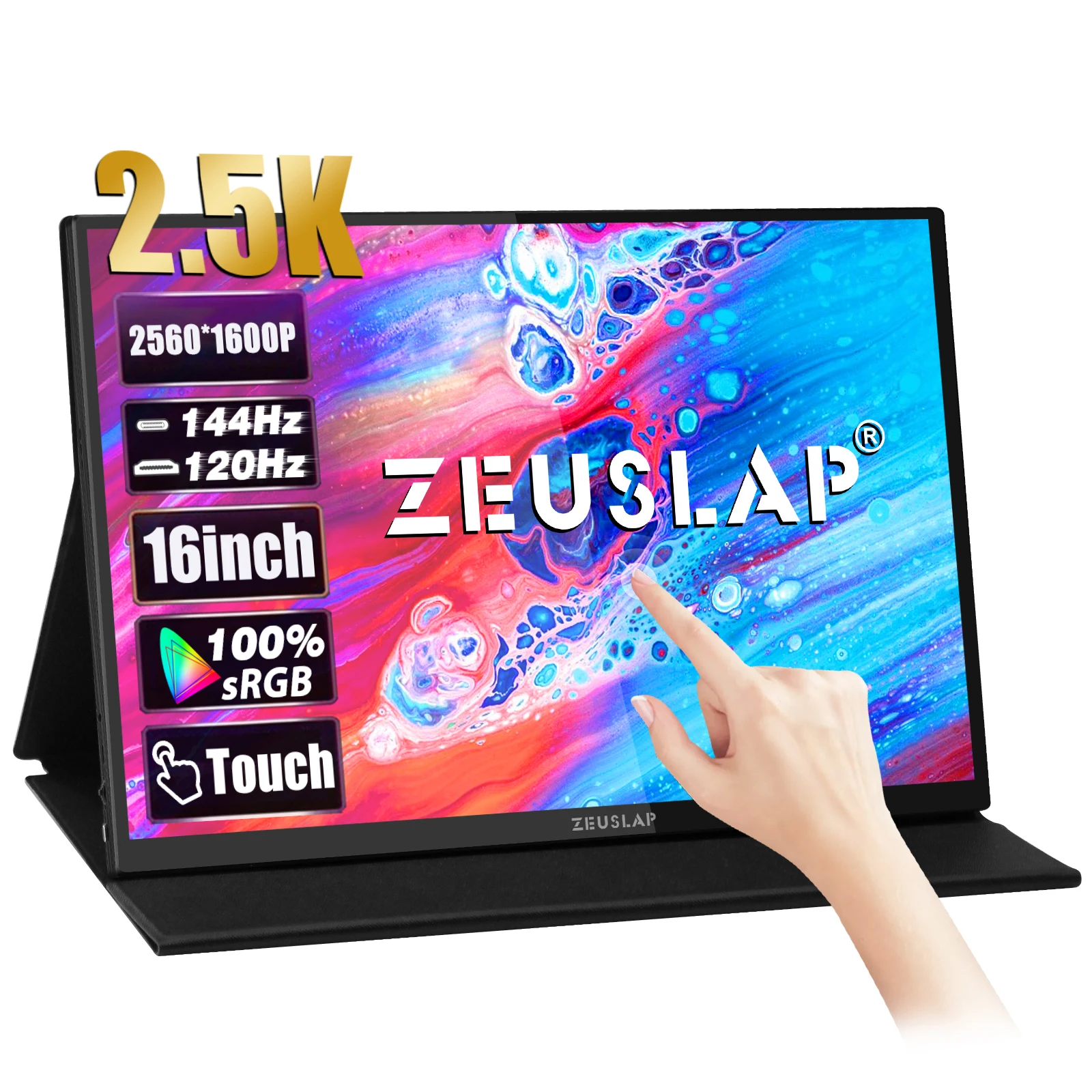 شاشة ZEUSLAP محمولة تعمل باللمس - حجم 16 بوصة - وضوح 2.5K - تردد 144Hz - سبيكر