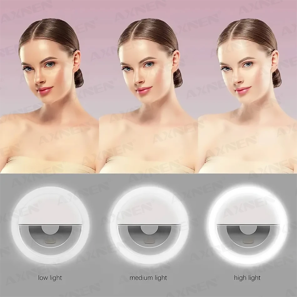 حلقة إضاءة LED  ثلاث مستويات - شحن - ضوء لتصوير السيلفي مع مشبك للتثبيت على الهاتف